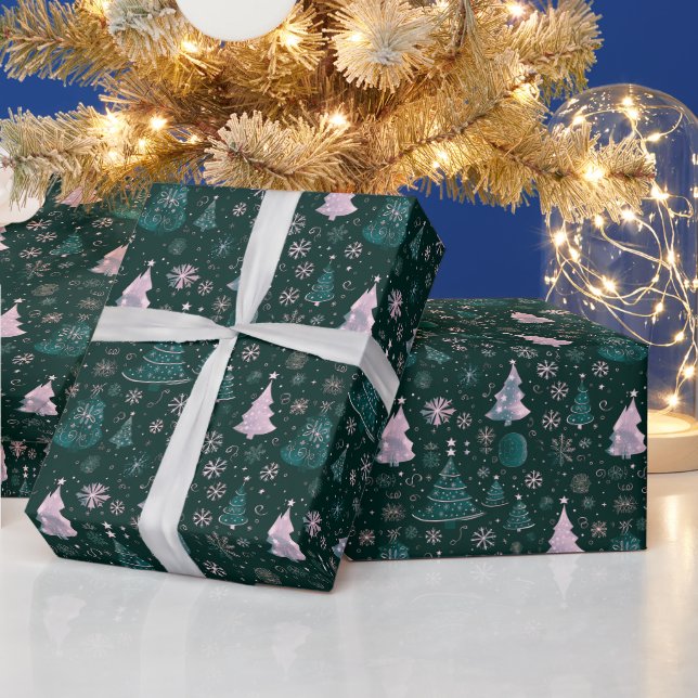 Papier Cadeau Noël Arbres Snowflakes Green Christmas (Vacances)