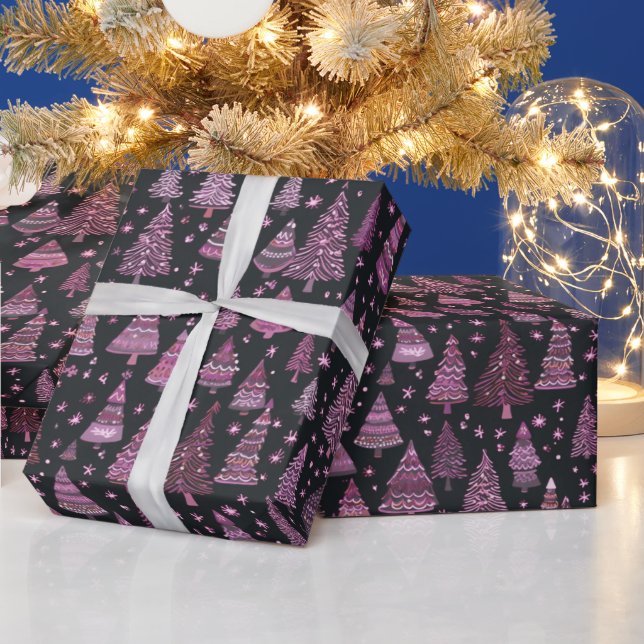 Papier Cadeau Noël Arbres violets blancs Noir Noir (Vacances)
