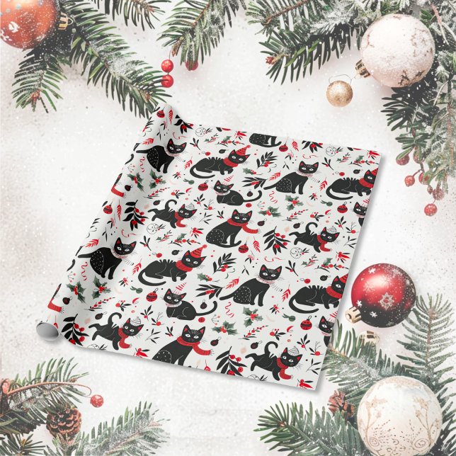 Papier Cadeau Noël aux chats noirs rétro (Cute Black Cats Christmas Wrapping Paper roll)