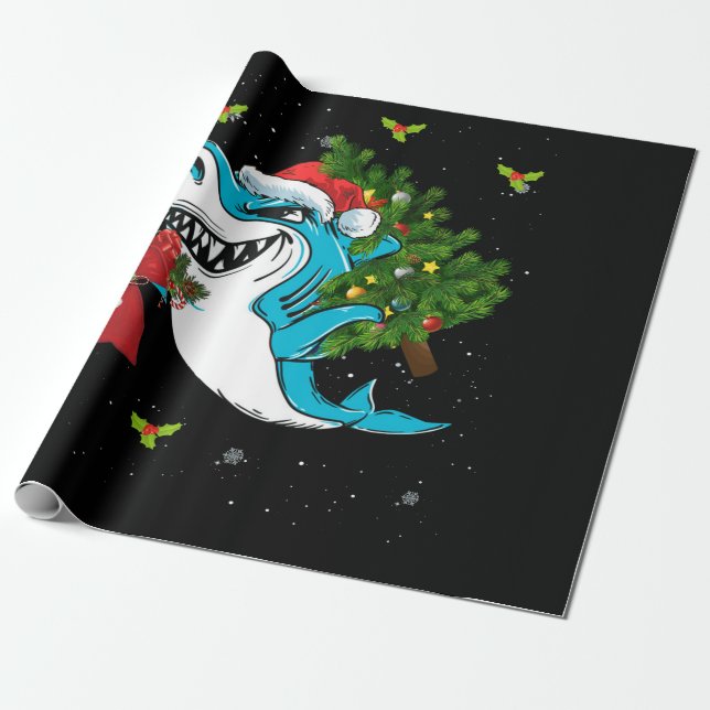 Papier Cadeau Noël aux requins Père Noël Arbre Charkmas Noël (Déroulé)
