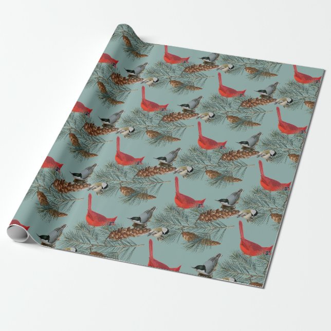 Papier Cadeau Noël Bird Cardinal Nuthatch Chickadee Turquoise (Déroulé)