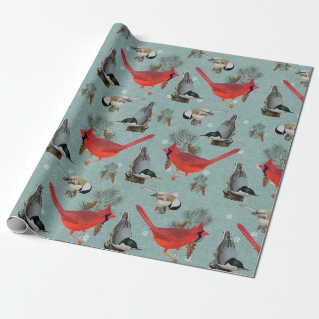 Papier Cadeau Noël Bird Cardinal Nuthatch Chickadee Turquoise (Déroulé)