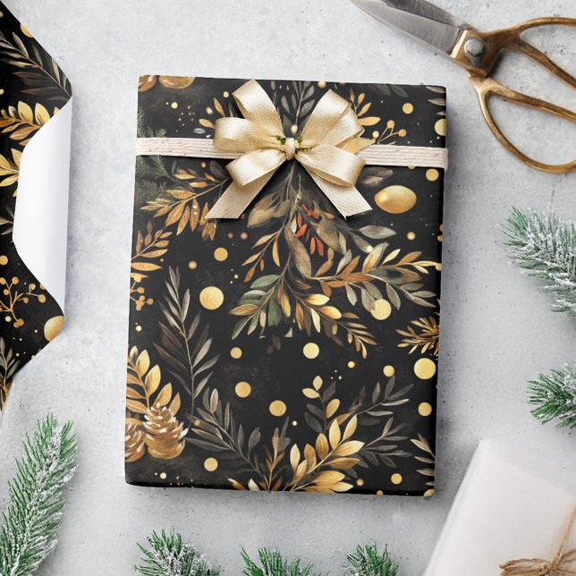 Papier Cadeau Noël Black Gold Moody Elegant cadeau festif (Christmas Black Gold Moody Elegant Festive Wrapping Paper)