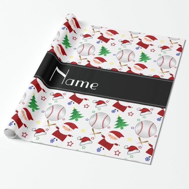 Papier Cadeau Noël blanc nommé personnalisé de base-ball (Déroulé)
