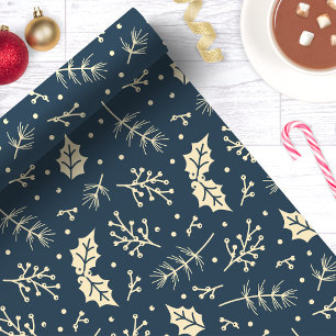 Papier Cadeau Noël botanique à feuillage floral bleu marine
