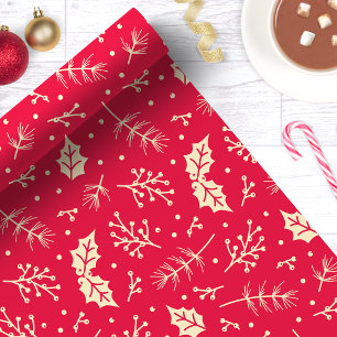 Papier Cadeau Noël botanique à feuillage floral rouge