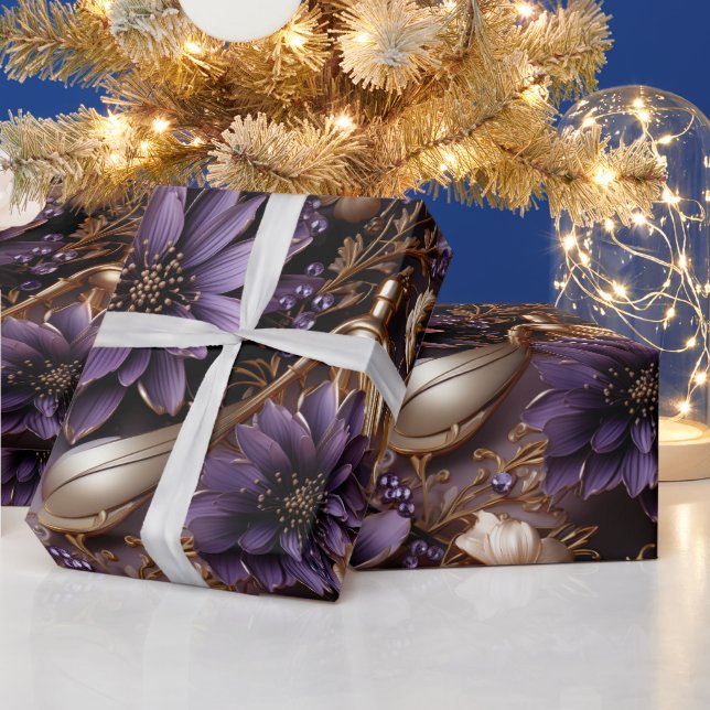 Papier Cadeau Noël botanique élégant or et violet (Vacances)