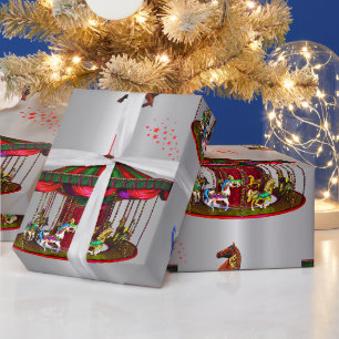 Papier Cadeau Noël Carousel Chevaux Argent