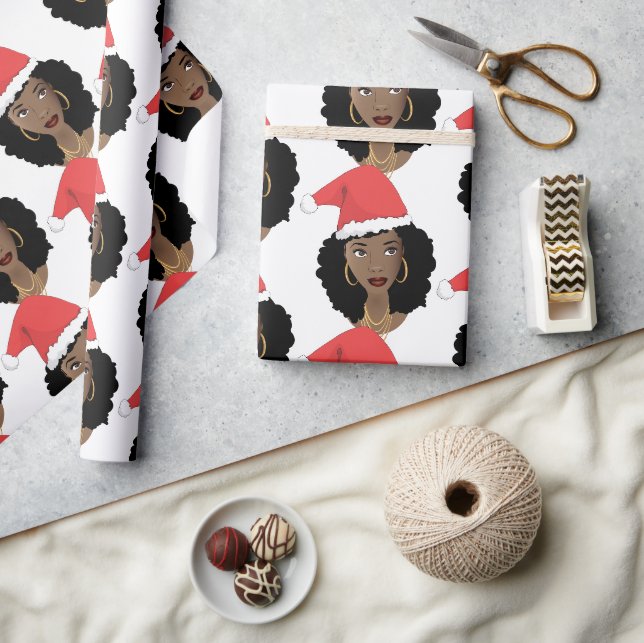 Papier Cadeau Noël Chapeau rouge, Femme noire, Cheveux naturels (Artisanat)