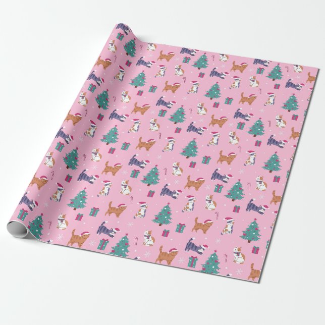 Papier Cadeau Noël Chats et arbres Motif de vacances (Déroulé)