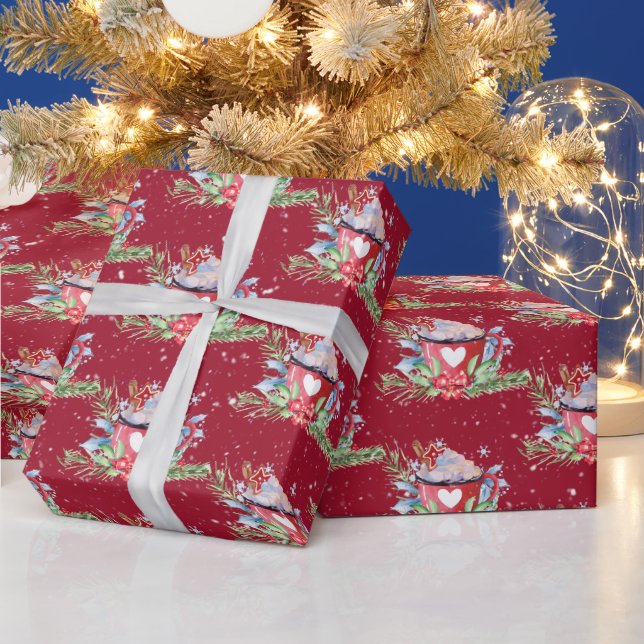 Papier Cadeau Noël Chocolat chaud et flocons de neige (Vacances)