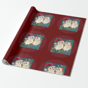 Papier Cadeau Noël chouette faune chapeau du père Noël neige