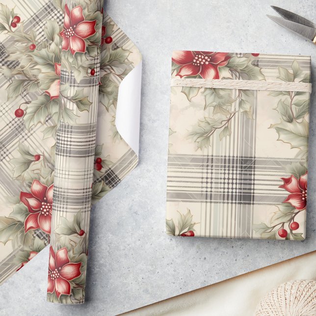 Papier Cadeau Noël classique Rouge Poinsettia Tartan (Créateur téléchargé)