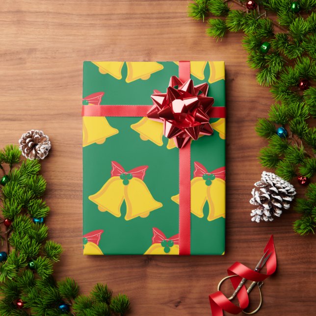 Papier Cadeau Noël Cloches Élégant Festif Vert sans couture (Cadeau de vacances)
