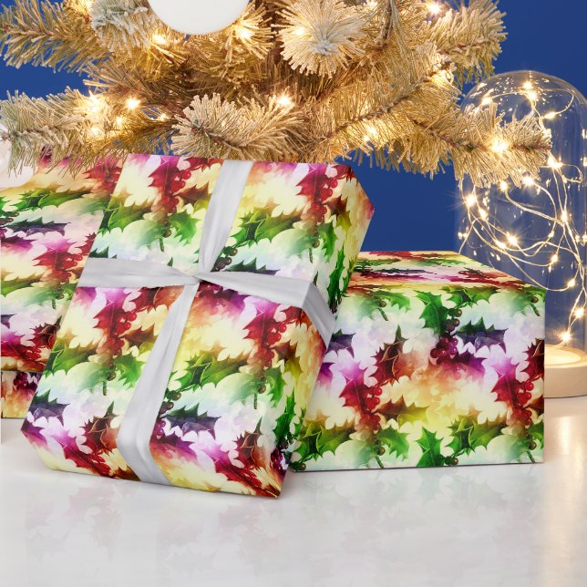 Papier Cadeau Noël couleur Motif Holly Aquarelle (Vacances)