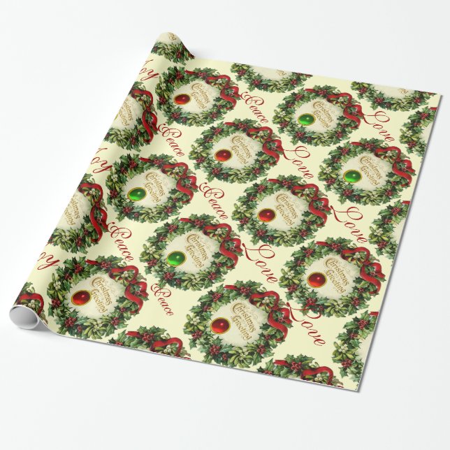 PAPIER CADEAU NOËL COURONNE AVEC HOLLY BERRIES, JOYEZ PAIX AMOUR (Déroulé)