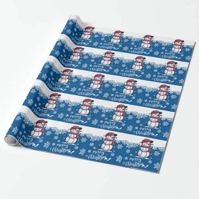 Papier Cadeau Noël de baseball avec balle sur arrière - plan ble (Déroulé)