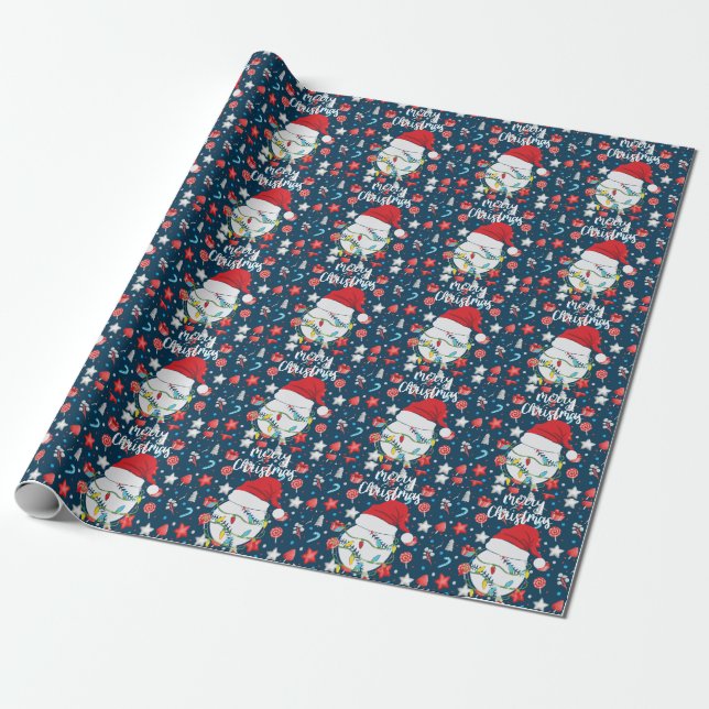 Papier Cadeau Noël de baseball avec chapeau de Père Noël (Déroulé)