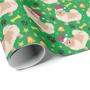 Papier Cadeau Noël de Chien Poméranien avec chapeau de Père Noël