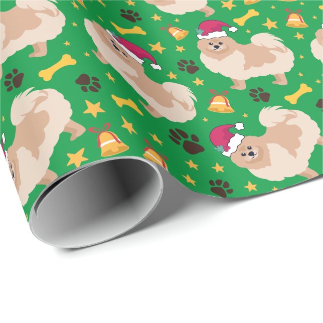 Papier Cadeau Noël de Chien Poméranien avec chapeau de Père Noël (Coin rond)