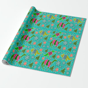Papier Cadeau Noël de dinosaure turquoise