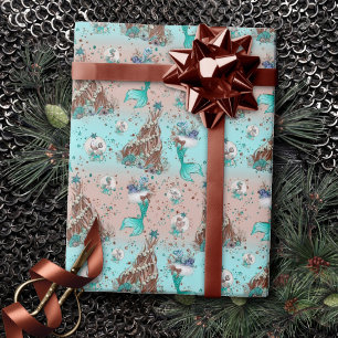 Papier Cadeau Noël de la mère   Bas et arbres Pêche Turquoise