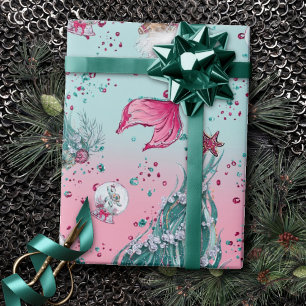 Papier Cadeau Noël de la mère   Bas et arbres Turquoise rose