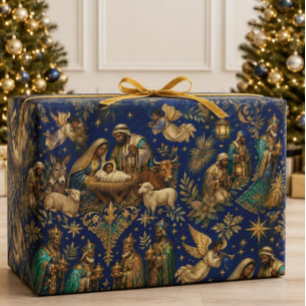 Papier Cadeau Noël de la Nativité Afro-Américaine Luxe Bleu