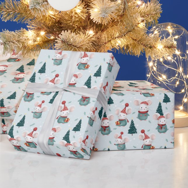 Papier Cadeau Noël de la souris blanche de Santa Hat (Vacances)