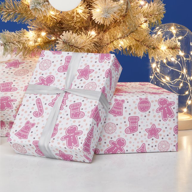Papier Cadeau Noël de Noël rose et blanc pois (Vacances)