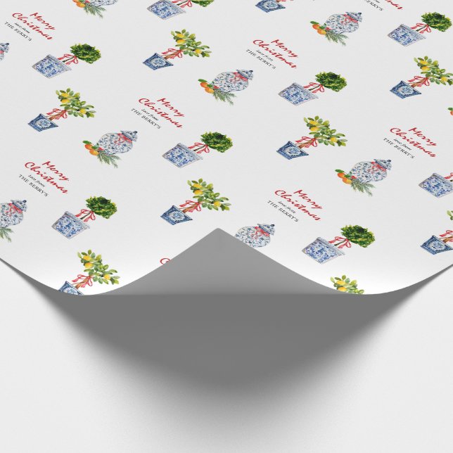 Papier Cadeau Noël de poterie bleue et blanche (Coin)