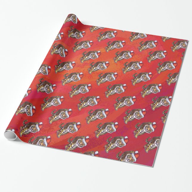 Papier Cadeau Noël de tigre sur le rouge (Déroulé)