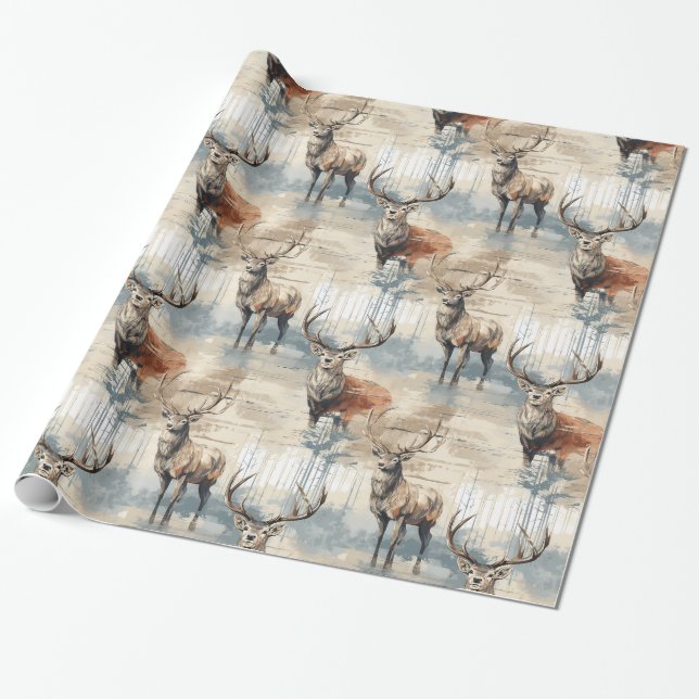 Papier Cadeau Noël des cerfs rustiques (Déroulé)