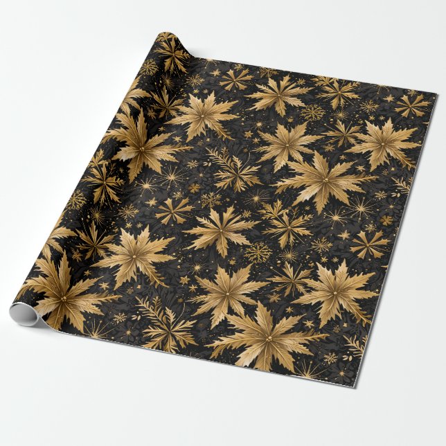 Papier Cadeau Noël des magnifiques flocons d'or noir (Déroulé)