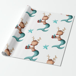Papier Cadeau Noël des rennes de sirène turquoise et rouge