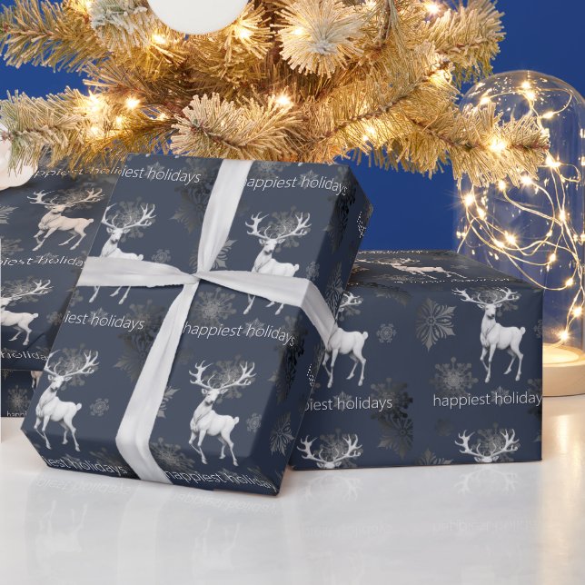 Papier Cadeau Noël des rennes d'ivoire | Bleu (Vacances)