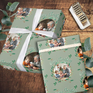 Papier Cadeau Noël Deux Photo Sage Green Wreath Motif