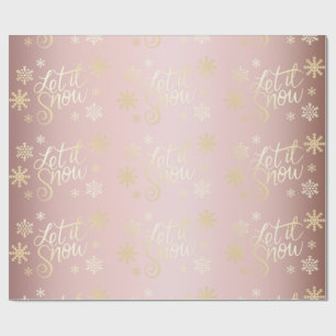 Papier Cadeau Noël d'or en Rose : neige et flocons de neige