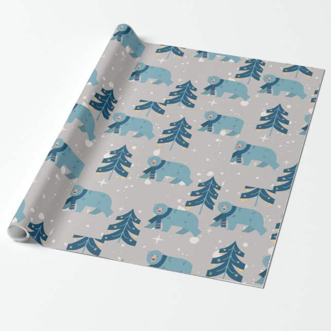 PAPIER CADEAU NOËL D'OURS POLAIRES BLEUS (Déroulé)