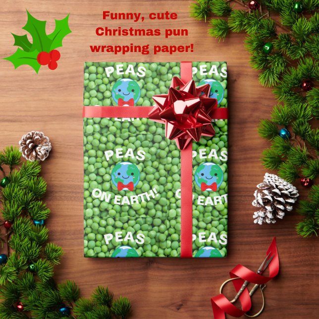 Papier Cadeau Noël drôle "Pois sur Terre" Punny mignonne (Peas on Earth and Goodwill to All! Funny, cute, punny Christmas wrapping paper to make you smile.)