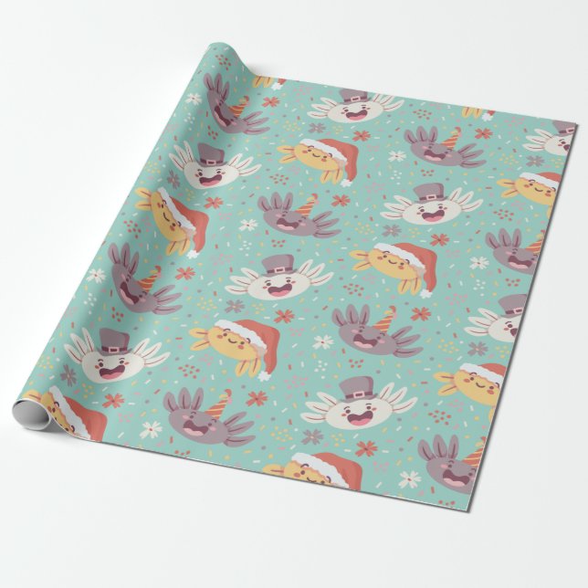Papier Cadeau Noël du mignon Axolotl Motif de Noël Kawaii Animal (Déroulé)