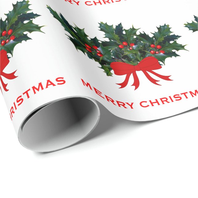Papier Cadeau Noël élégant de vacances d'arc vert rouge de houx (Coin rond)