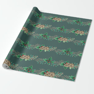 Papier Cadeau Noël Elégant Holly Berry Pine Cone Garland