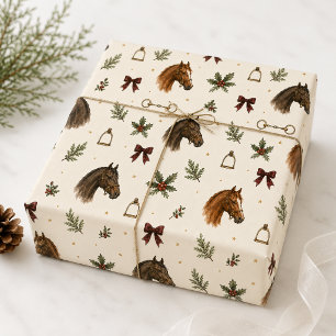 Papier Cadeau Noël Équestre Vintage Cheval Snaffle Holly