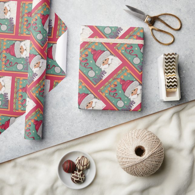 Papier Cadeau Noël Festif mignon rose Père Noël Inspirivity (Artisanat)