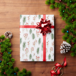 Papier Cadeau Noël Feuilles de Pin et Baies Moderne