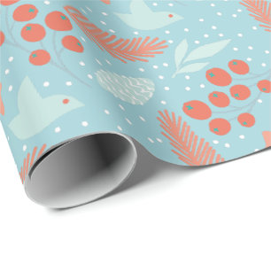 Papier Cadeau Noël floral d'oiseau bleu rouge de baie d'hiver