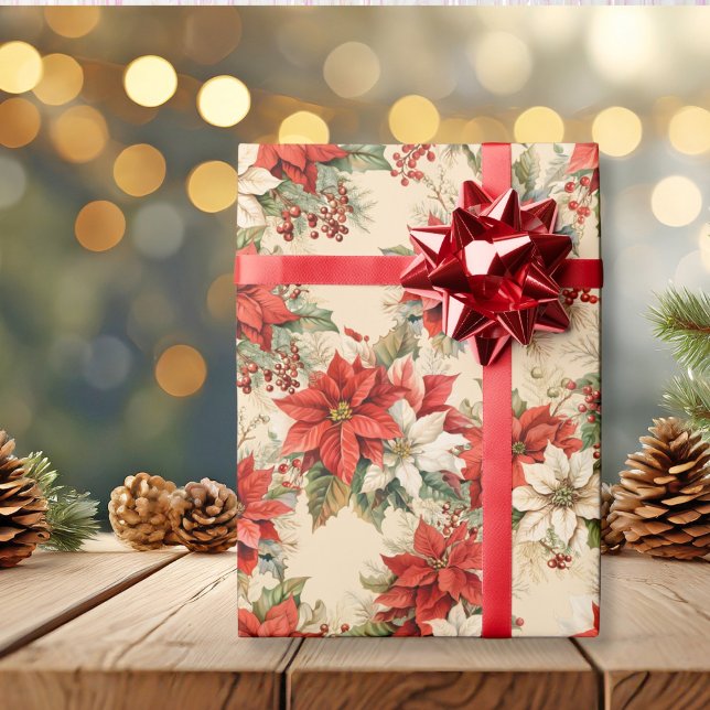Papier Cadeau Noël Floral Hiver Grosse Poinsettias Crème (Christmas Floral Winter Large Poinsettias Cream Wrapping Paper)
