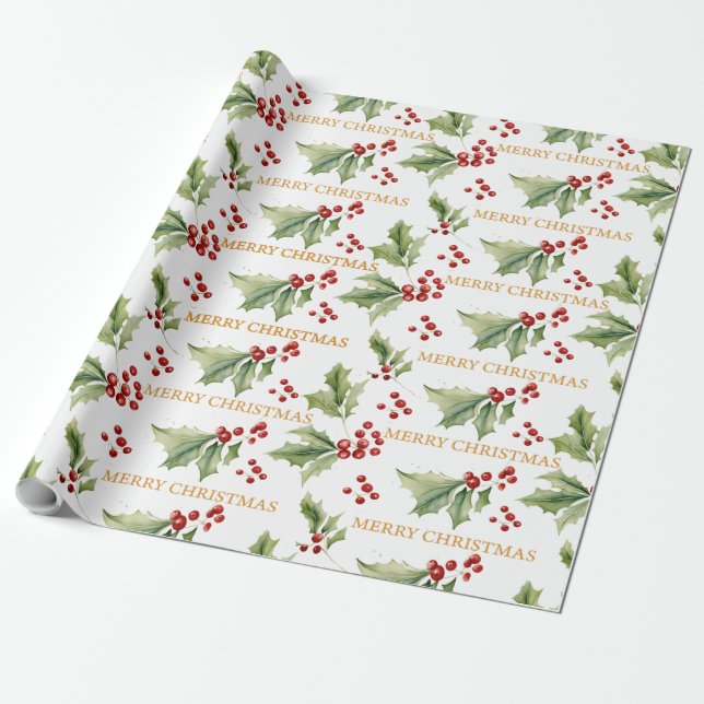 Papier Cadeau Noël Floral Holly Red Berries (Déroulé)
