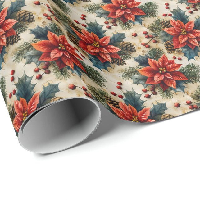 Papier Cadeau Noël Floral Poinsettia Vacances Enveloppement (Coin rond)